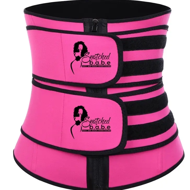 Snatched B.A.B.E Double Strap Waist Trainer, Neoprene Workout Sweat Belt, Black and Pink, Shapewear Compression