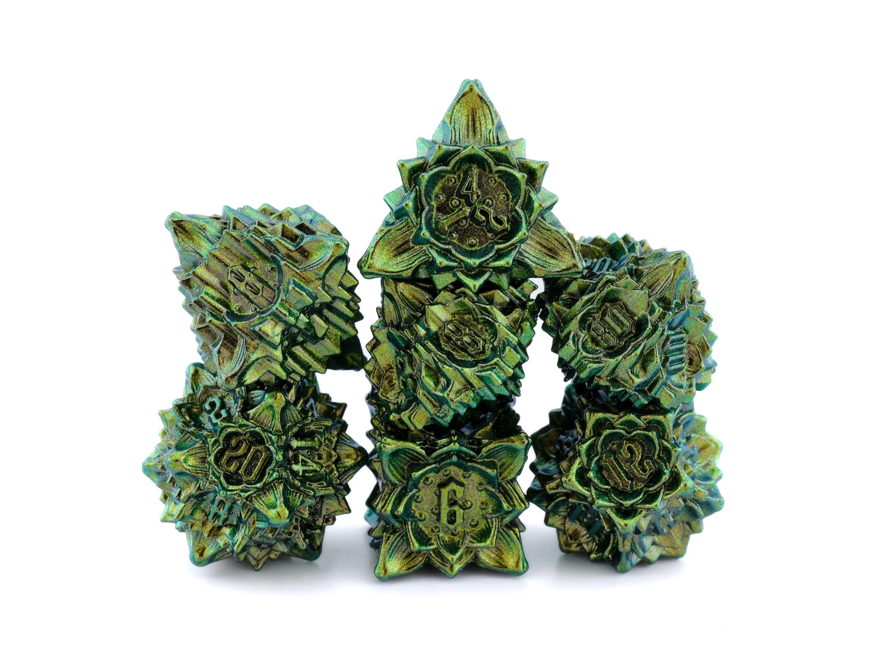 Blooming Flower Metal DnD Dice Set: 7 Piece Plant RPG Dice
