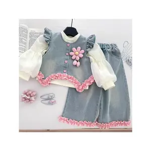Girls' Denim Outfit Set - Long-Sleeve T-Shirt Vest & Pants with 3D Flower Decoration Western Style School Clothes for Teen Girls Spring Fall Casual Playwear Party Outfits Hand Washable Matching Set Perfect for Outdoor