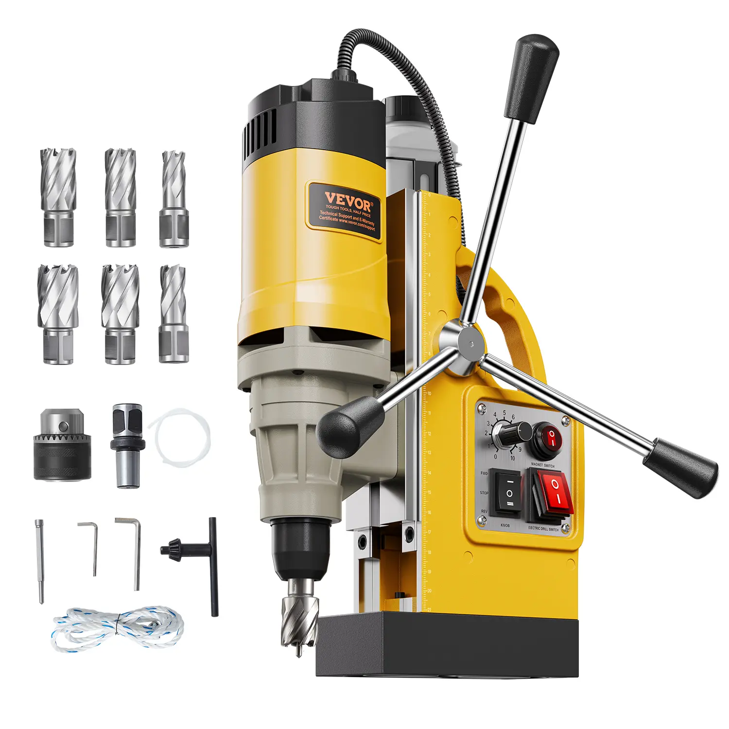 【summerfinds】VEVOR Industrial Magnetic Drill Press, 1450W, 2878 lbf Magnetic Force, 2 in Boring Diameter, 6 Bits, Yellow, 10-Speed Gears, 3 Extended Cranks, Accurate Efficient Operation, Comfortable Grip, Father's Day Gift Option