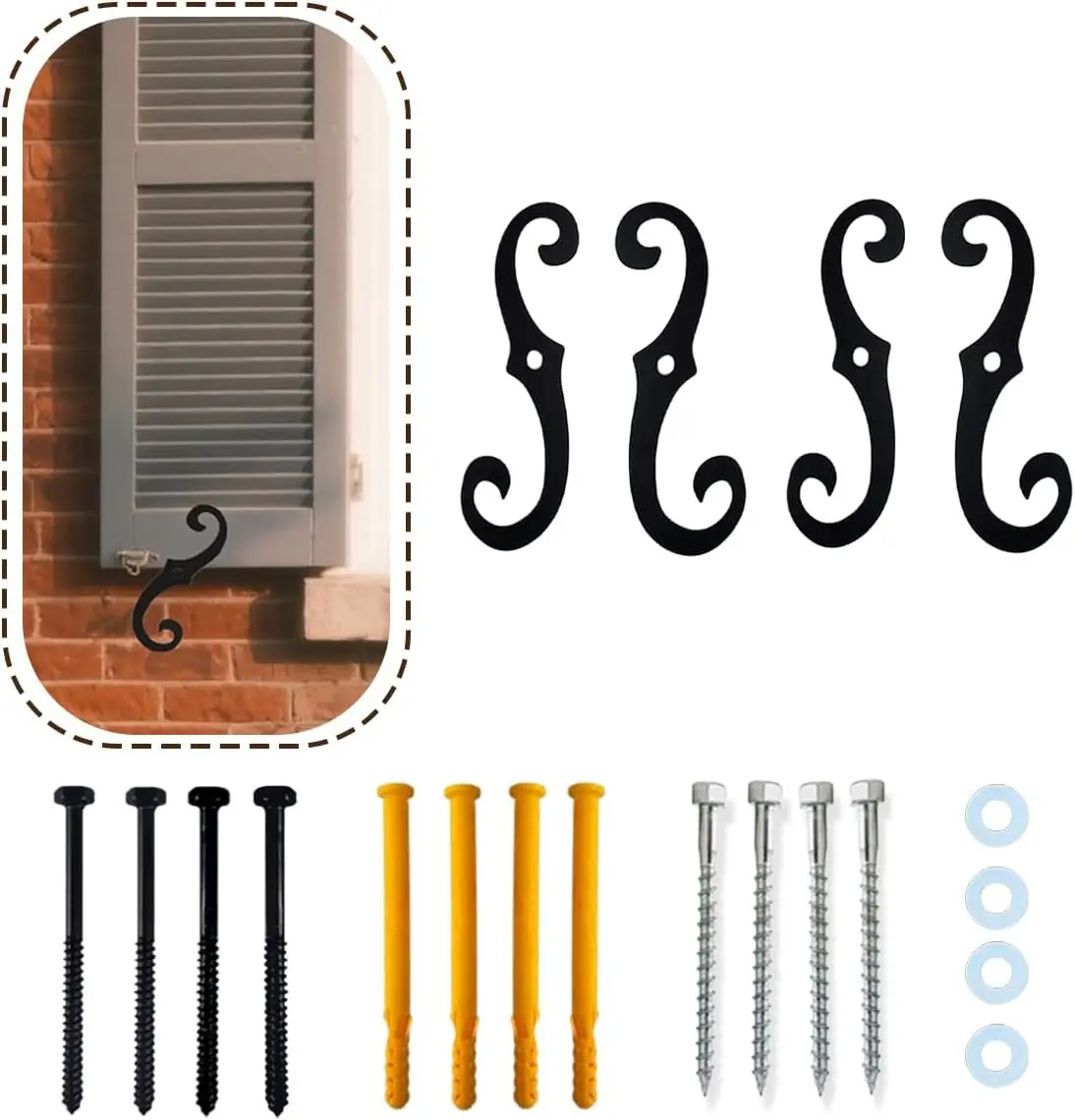 4 Pcs Shutter Fasteners,6.5" Shutter Dogs for Exterior Shutters,Black S Shaped Shutter Fasteners,Decorative Window Shutter Hardware for Outdoor Shutters