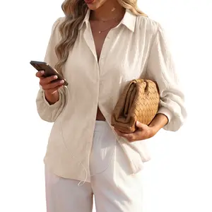 Blooming Jelly Womens Loose Fit Tops Linen Button Down Shirts Collared Cotton Long Sleeve Blouses Beige Casual #SwimWeek #Summervibes