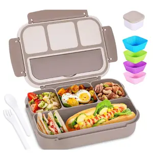 Bento Box Adult Lunch Box, Containers for Adults Men Women with 4 Compartments, Lunchable Food Container with Utensils, Sauce Jar, Muffin Liners, 40 Oz/5 Cup, Microwave & Dishwasher Safe, Brown
