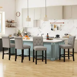 Bar Stools Set of 4 | 24" Counter Height Upholstered Fabric Barstools with Wood Legs