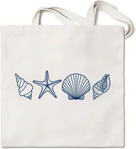 Coastal Seashell Summer Gift Canvas Tote Bag for Women, Large 16x16 Inch Durable Reusable Grocery Bag with Inner Pocket, Beach Tote for Work Shopping Travel