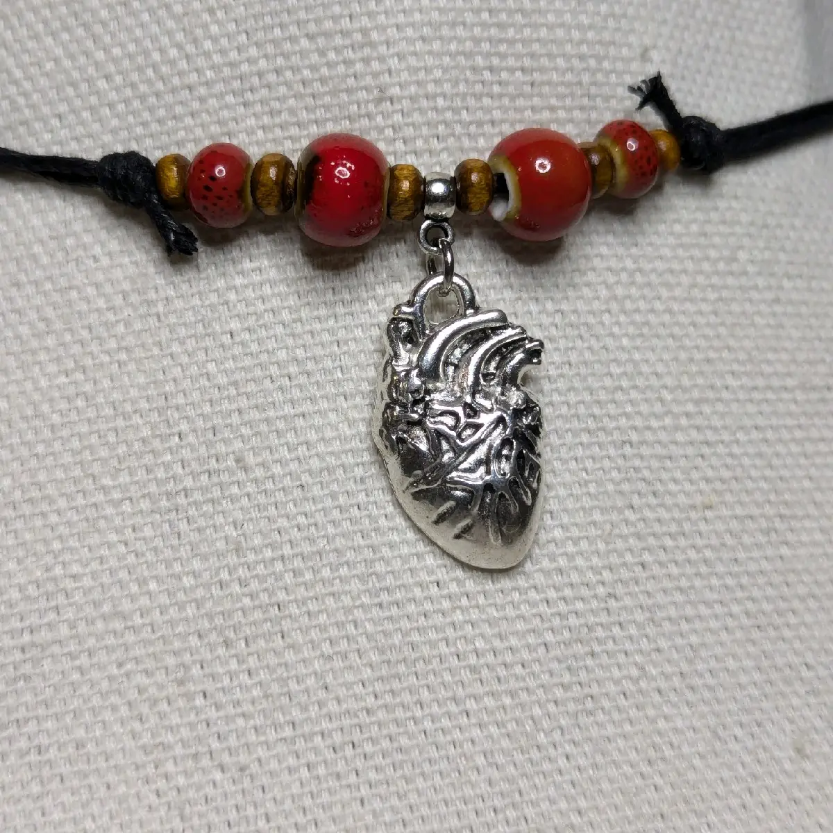 Ceramic Beaded Anatomical Heart Charm Silver Boho Hippie Whimsical Adjustable Black Rope Cord Choker Stacking Necklace