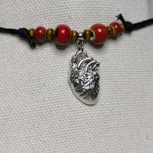 Ceramic Beaded Anatomical Heart Charm Silver Boho Hippie Whimsical Adjustable Black Rope Cord Choker Stacking Necklace