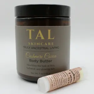 TAL Skincare Cashmere Cocoa Body Butter 7 oz - Minimalist 4-Ingredient Formula for Smooth Hydrated Skin - Rich Velvety Texture - Sensitive Skin Friendly - Naturally Cocoa Aroma - Bonus Lip Balm