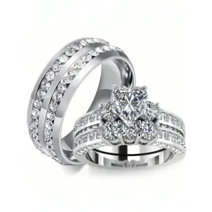 Men's fashion couple ring set, 1 men's stainless steel ring and 2 women's heart-shaped silver rings, ideal for wedding, engagement and gift