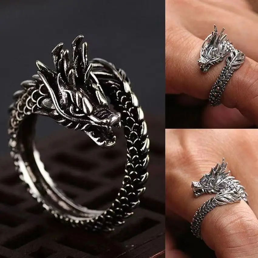 Men's Vintage Dragon Head Open Ring, Retro Punk Animal Theme Fashion Jewelry, Statement Adjustable Band, Animal Theme Ring, Punk Rings