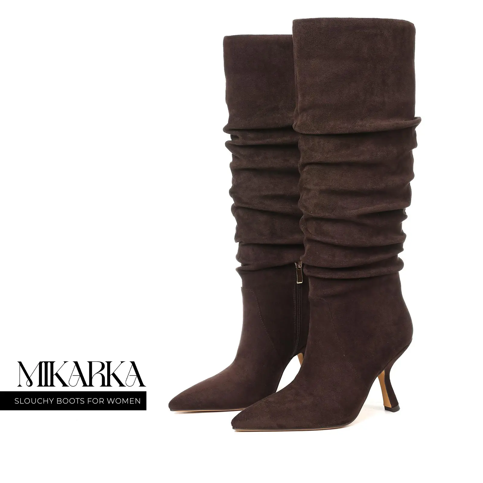 Slouchy Boots For Women Knee High Boot Pointed Toe Stiletto Kitten Heel Side Zipper Closure Easy Pull on Suede Comfy Wide Calf Work Party Outdoor Events Fashion Shoes