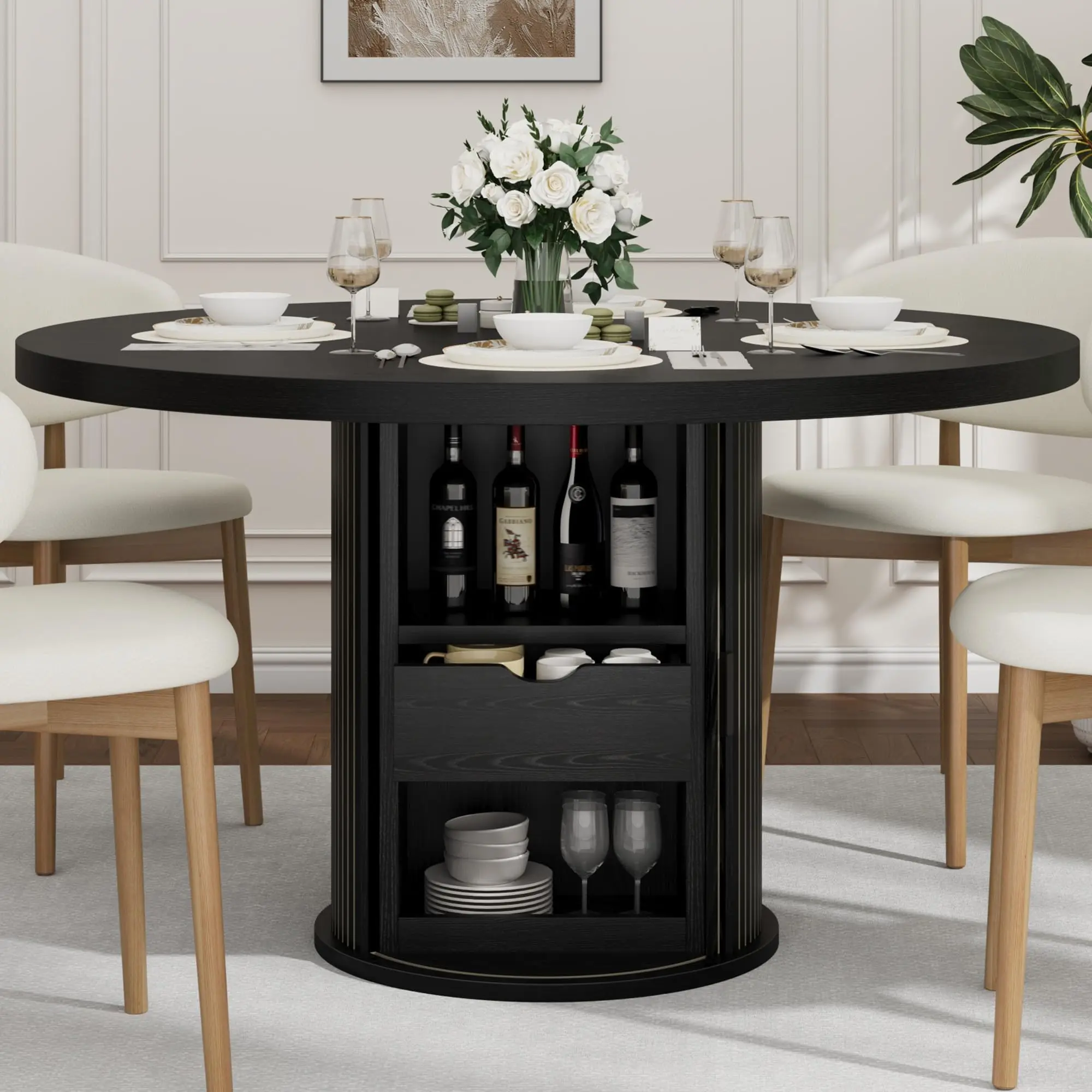 Farmhouse 47" Round Dining Table for 4-6 – 2-Layer Storage Shelf & Drawer – Space-Saving Circle Table – Ideal for Dining Room, Kitchen, Living Room