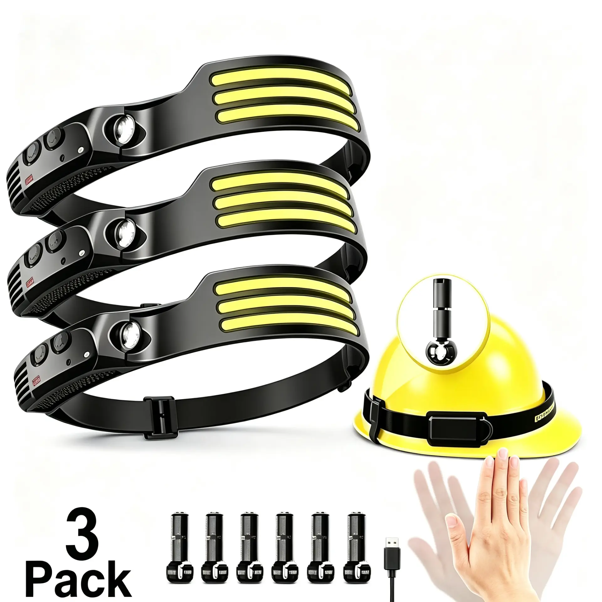COB LED Headlamp Set, 3-Pack Rechargeable Strip Lights with Motion Sensor & 6 Hooks for Outdoors, Camping & Hiking, Cob Led Lights