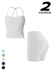 Women's Yoga Set, Sports Bra & High Waist Shorts, Thin Strap Design, Perfect for Running & Fitness Activities, Workout Casual Wear