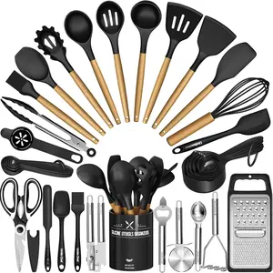 Kitchen Utensils Set- 34 count  Cooking Utensils with Holder,  Heat Resistant Kitchen Utensil Spatula Set for Nonstick Cookware, Black Wooden Handles Kitchen Gadgets Tools Set