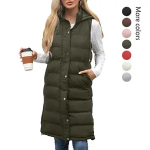 Women's Long Puffer Vest with Quilted Hood and Button Down Closure for Winter Coat 2025 - Tops, Womenswear, Lightweight, Warm, Zip-up Hooded Vest, Sleeveless Jacket, Long Down Jacket, Solid Color Vest