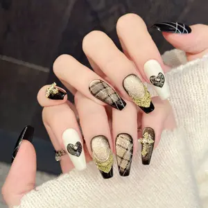 10pcs Ballet Style Handmade Nail Art, Gold Plaid Medium Long Pure Color Cat Eye Heart Crown Decoration Cross Nail Stickers