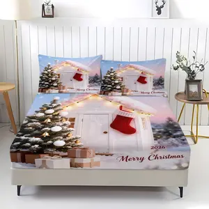 Christmas Snowy Cabin Pattern Bed Linen Set, Includes 1 Bed Sheet and 2 Pillowcases, Non-Slip Dust Cover Suitable for Bedroom, Perfect As A Holiday Gift