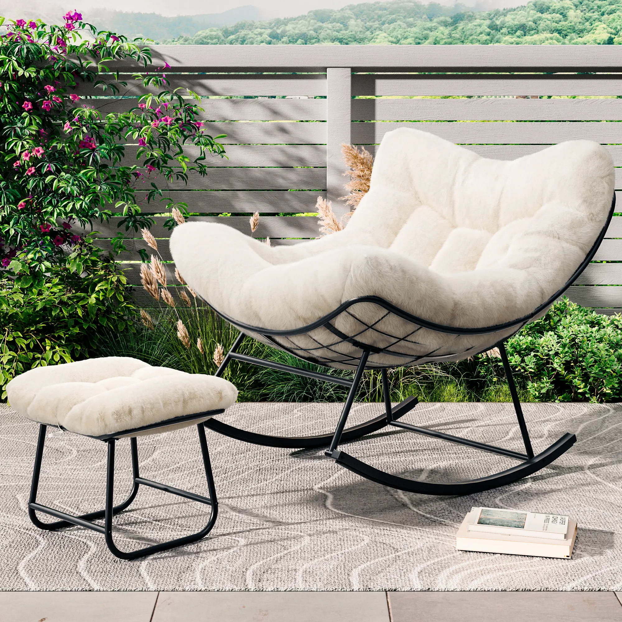 Oversized Papasan Rocking Chair with Footrest and Ottoman, 450 LBS Capacity Patio Lounge Chair, All-Weather Rattan Egg Rocker for Indoor Living Room, Bedroom, or Outdoor Balcony and Backyard