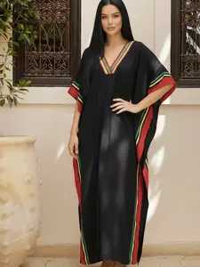 Plus Size Zebra Striped Print Batwing Sleeve V Neck Dress, Casual Striped Graphic Half Sleeve V Neck Long Dress for Summer, Women's Plus Clothing for Beach Vacation, Bohemian Casual Dress