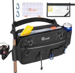 CVLIFE Fishing Tackle Bag Waist Pack with Rod Holder, Water Resistant Fanny Pack Includes 3600 Tackle Box, Waterproof Pouch & Carabiners, Convertible Sling Bag with Net Holster for Gear