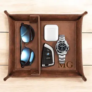 Personalized Leather VALET TRAY Organizer Custom Engraved Keys Wallet Jewelry Watch EDC Groomsmen Fathers Day Gift for Dad Him Men Grandpa