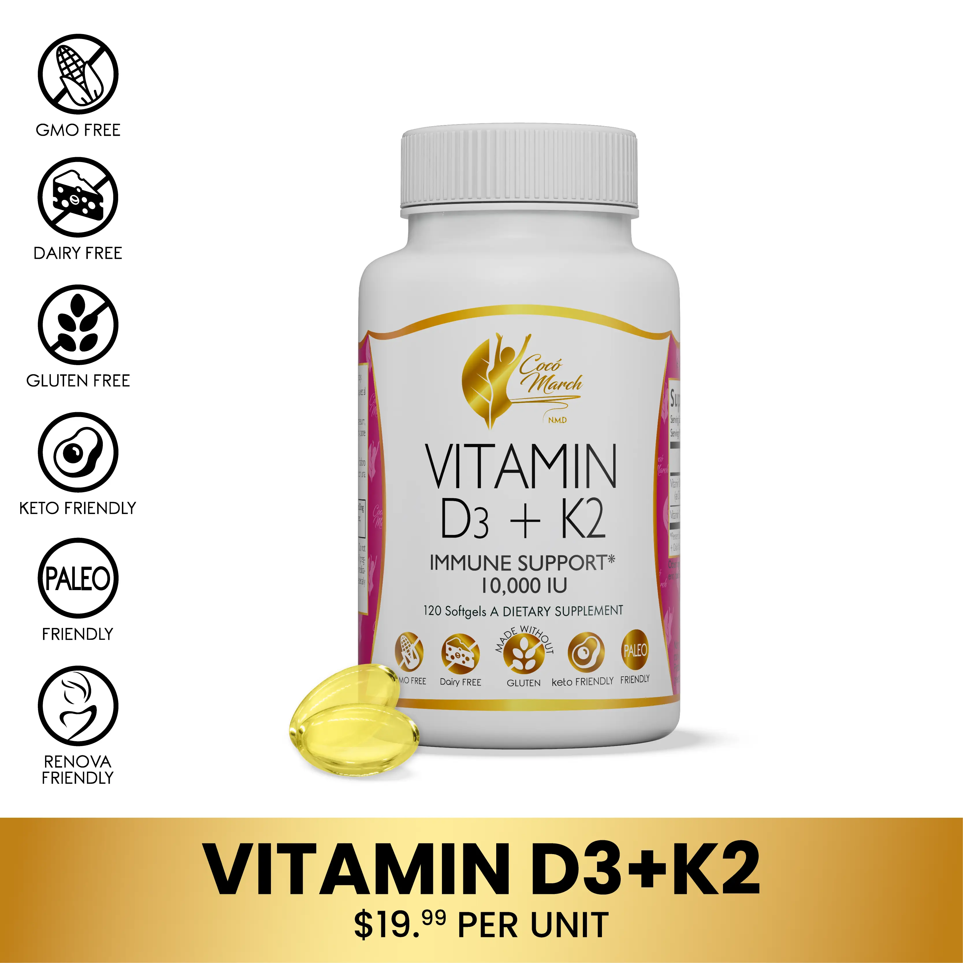 Coco March Vitamin D3 + K2 Dietary Supplement, 120 Softgel Capsules Healthcare Fitness