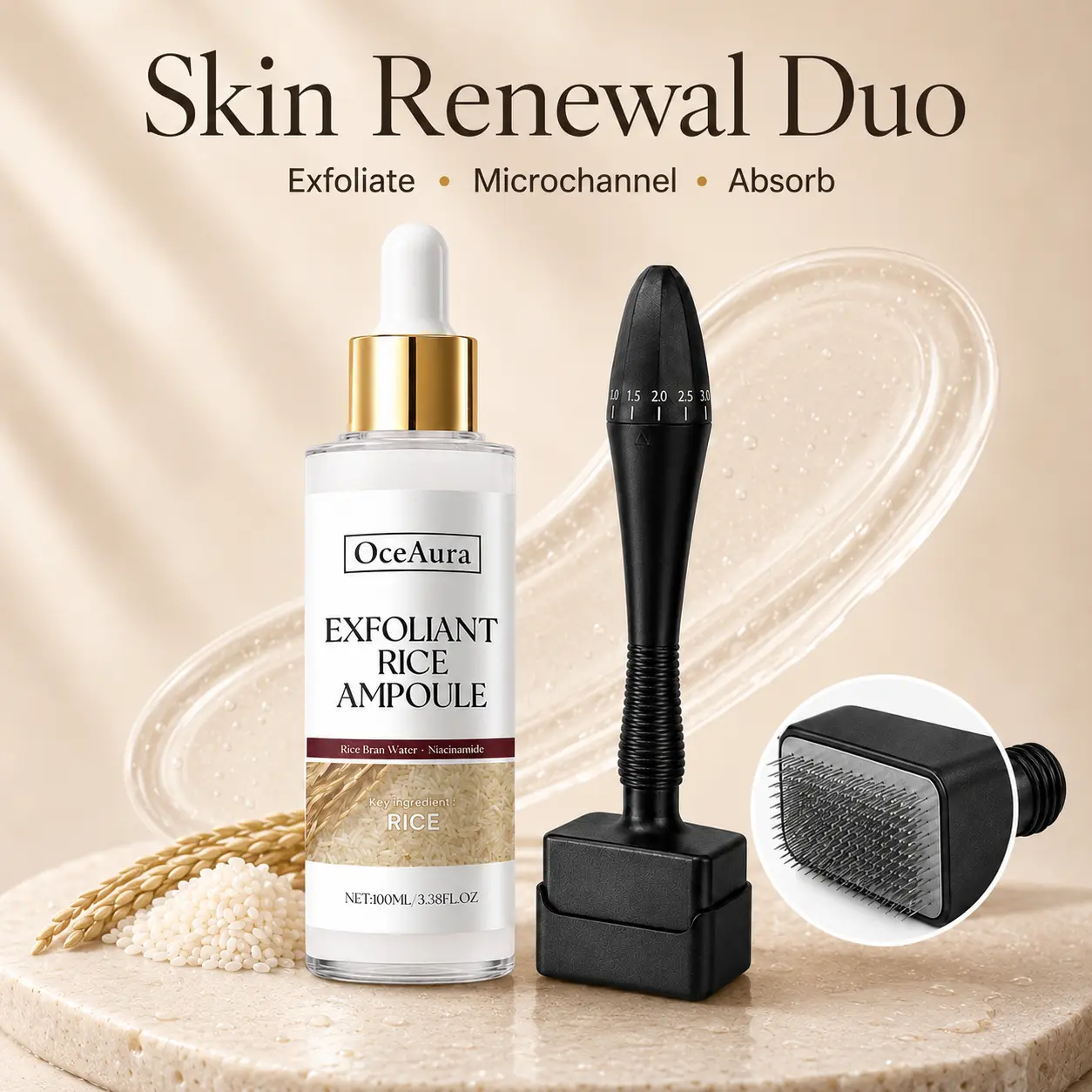 Exfoliating Skincare Set with Black Rice Renewal Ampoule & Adjustable Derma Stamp, Serum with Niacinamide for All Skin Types, 100ml