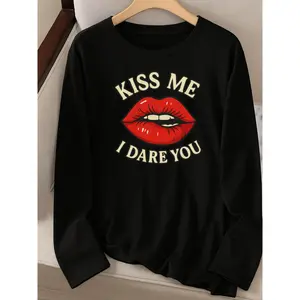 2026 New Valentine's Day Heart Print Women's Long Sleeve Crew Neck Casual Top, Machine Washable, All-season Wear, Loose Fit, Silky Fabric, for Home Leisure Daily Use