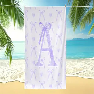 Purple Bow & Letter A-Z Print Beach Towel, Quick Dry Pool Towel, Lightweight Camping Towel, Soft Absorbent Bath Towel Blanket, Reusable Polyester Towel, Coquette Pastel Aesthetic for Girls, Travel, Beach, Pool, Bathroom, Summer Vacation