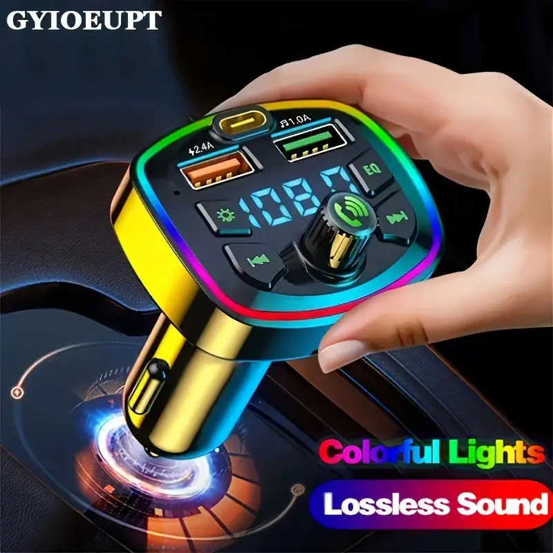 Bluetooth 5.3 Car FM Transmitter, PD Type-C + Dual USB Fast Car Charger, RGB Color Light Hands-Free Calling Car MP3 Player Support TF Card EQ Audio#BluetoothCarAdapter #PDCarCharger #CarMP3Player #HandsFreeCar #RGBCarLights #CigaretteLighterCharger