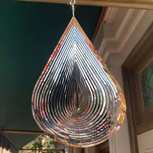 Wind Spinner Flowing-Light Effect Courtyard Decorations Made of Stainless Steel House Hanging Decoration 12“x 8“ Spinners with a 360° Rotating Hook (Water Drop-Silver)