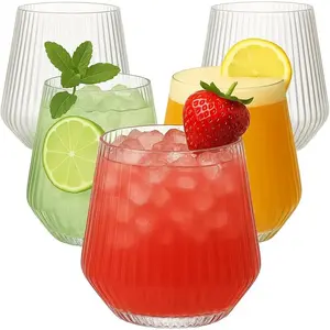 Origami Ripple Unbreakable Stemless Plastic Wine Champagne Whiskey Glasses Elegant Durable Disposable Indoor Outdoor Ideal for Home, Office, Bars, Wedding, Ribbed 12 Ounce Cups (Clear)