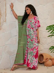 Plus Size Tie Dye & Colorblock Print Batwing Sleeve Split Hem V Neck Dress, Boho Casual Half Sleeve V Neck Long Dress for Beach Holiday Vacation, Women's Clothes for Summer Womenswear