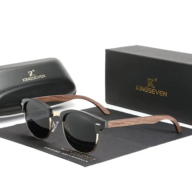 KINGSEVEN Handmade 2023 Black Walnut Wooden Sunglasses Men Polarized UV400 Protection Semi-Rimless Retro Eyewear Women Oculos 5516