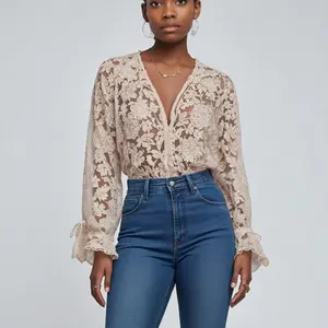 Womens Lace Long Sleeve Boho Tops See Through Sexy Mesh Top Hollow Out Floral Embroidered Button Blouses