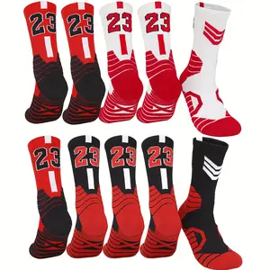 9Pairs Women's Casual, Wear-resistant, Anti-slip and Sweat-absorbing Towel Soles, Sports Couple Mid-calf Basketball Socks
