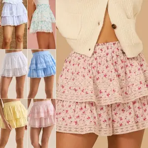 Women Layered Ruffle Shorts, Loose Patchwork Lace Solid/Floral Elastic Waist Mini Shorts, Casual Summer Streetwear