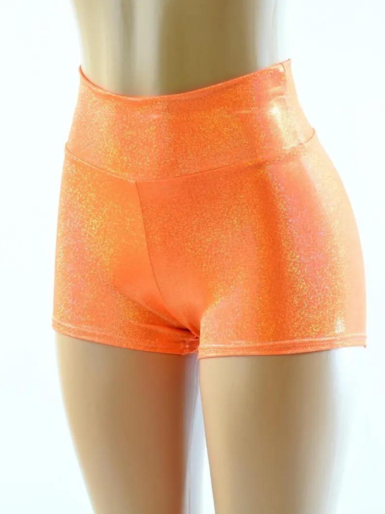 Neon Orange Sparkly Jewel High Waist Shorts
