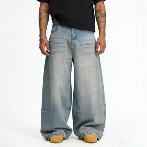 Inflation Rhinestone Wide Leg Jeans Y2K Streetwear Baggy Denim Pants Sparkle Vintage Washed Distressed Jeans
