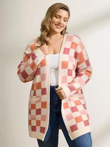 BloomChic Women's V-Neck Checkered Color-Contrast Open-Front Knitting Cardigan - Longsleeve Kimono Collar Lightweight Knitwear, Flattering Fit Medium Duster with Pocket, Easy-On Winter Casual Rouge Plaid Tunic, Longsleeves