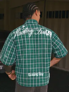 Men's Regular Fit Graphic Letter & Plaid Print Short Sleeve Shirt, Casual Comfy Collared Button Top for All Seasons, Fashion Men's Clothes for Daily Wear