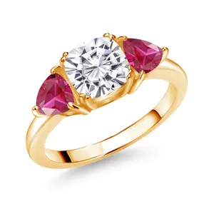 Gem Stone King 18K Yellow Gold Plated Silver Gemstone Birthstone and Created Ruby 3-Stone Engagement Ring for Women | 7MM Cushion and 5MM Trillion | Three Stone Promise Anniversary Wedding Ring | Sizes 5-9