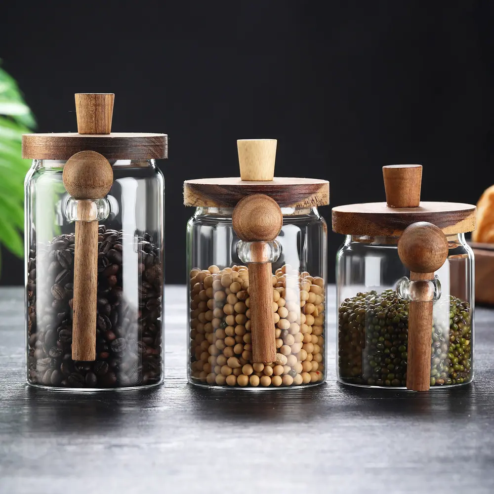 Airtight Glass Coffee Bean Canisters with Bamboo Lids and Spoons, 15/20/26 oz Coffee Bar Storage Jars