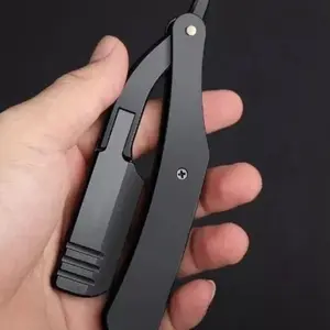 Professional Barber Straight Edge Razor with 5 Blades for Hair Designs and Beard Shaving - Black Aluminum - Comfort