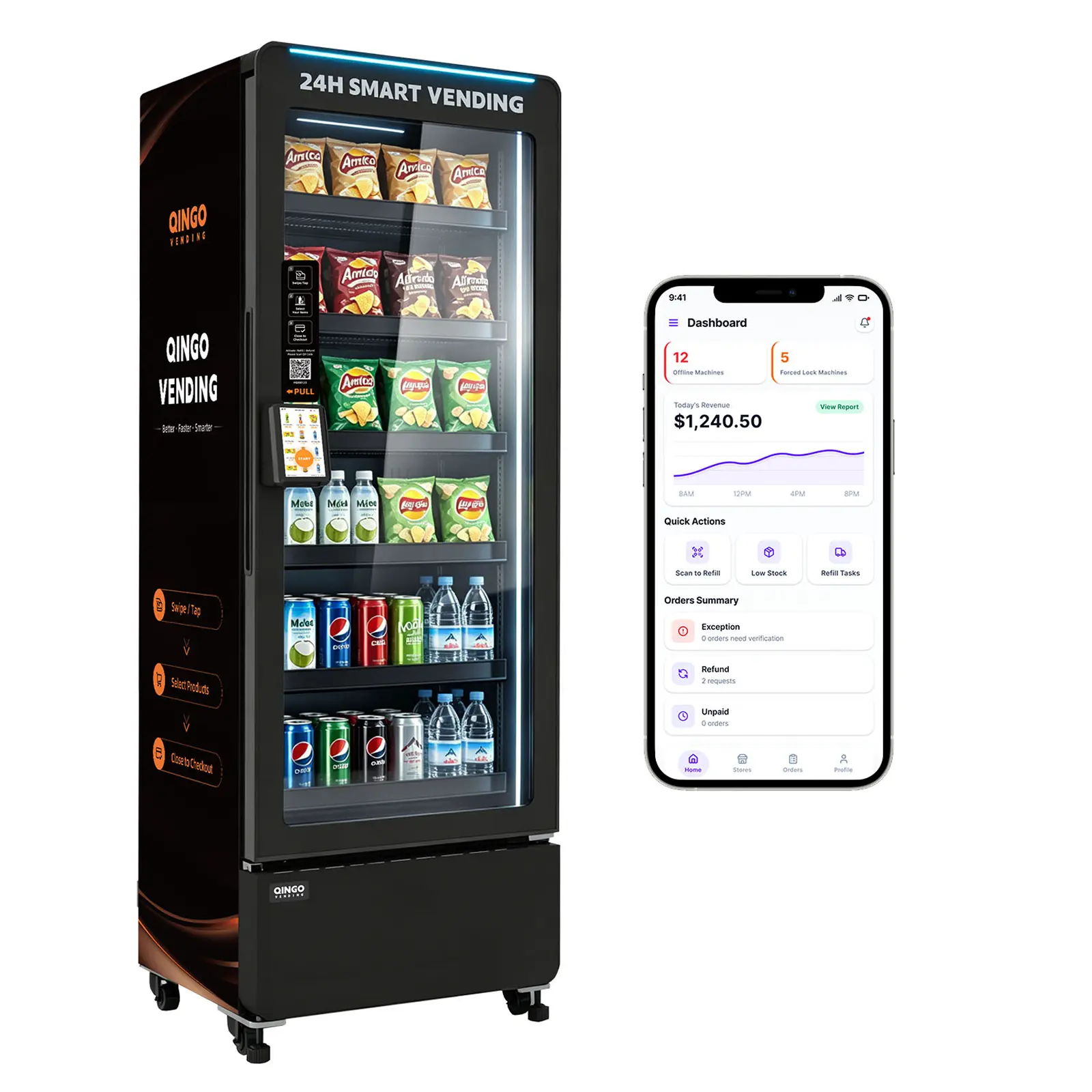 QINGO AI Smart Grab and Go Refrigerated Snack and Drink Vending Machine with AI Vision Recognition, Cashless Card Payment, Remote App Management, Commercial Self-Service Retail Machine for Office, Hotel, Apartment, Gym and Campus