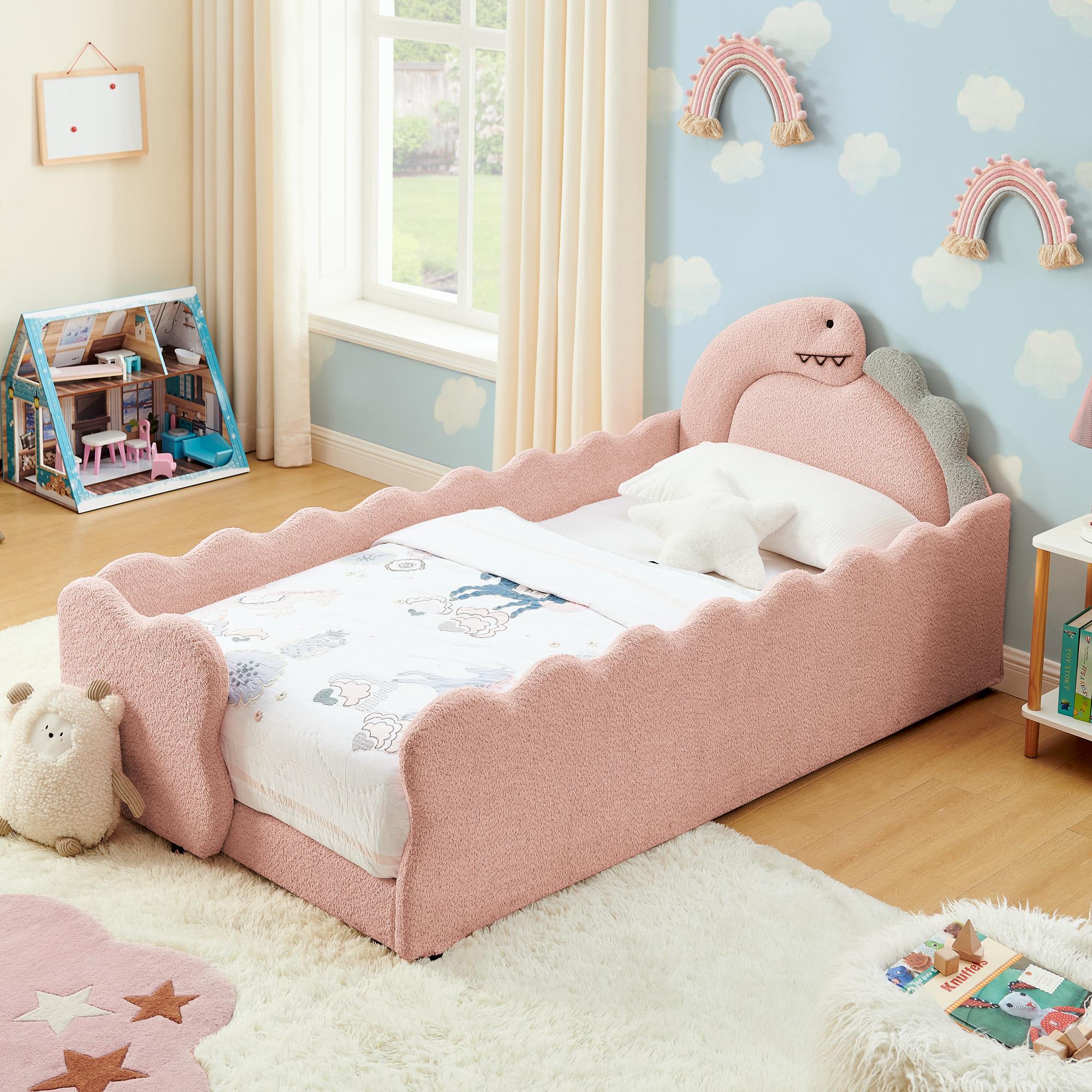 Twin Size Kids Daybed with Dinosaur-Shaped Headboard, Upholstered Boucle Fabric Bed with Safety Guardraild, Cute Kids Daybed for Girls Boys, Pink