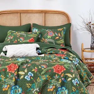 - Boho Set, Floral Bohemian Chic Botanical Colorful Funky Flower Pattern, Reversible Lightweight Bedspread Coverlet, 3 Pieces, Dark Green, Twin/Twin XL Size