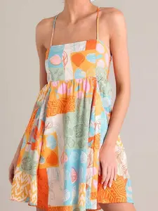 Women's Summer Beach Cami Dress Sleeveless Open Back Cross Seashell Print Dresses