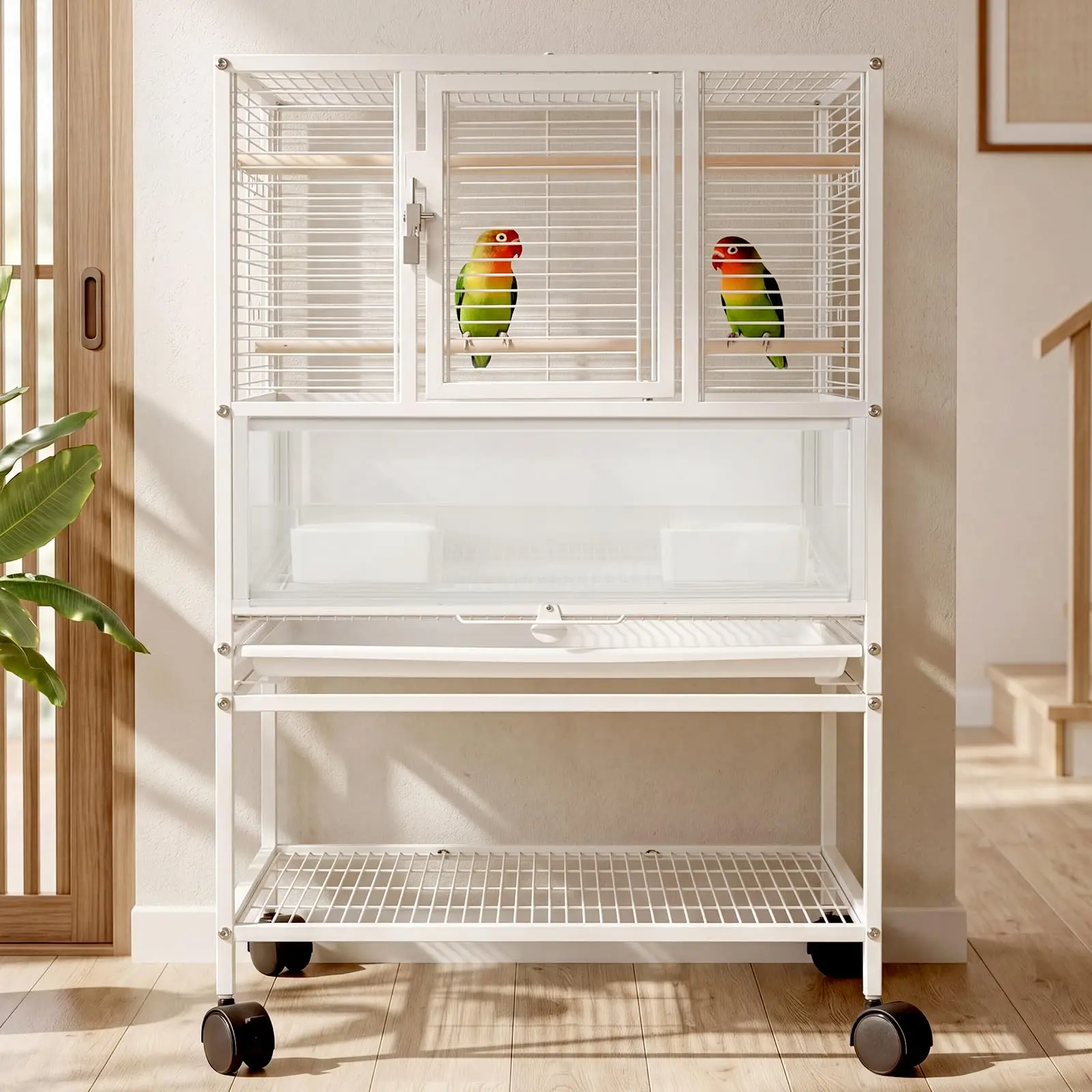 White 32"H 2-in-1 Coated Metal Bird Cage with Stand & Built-in Rolling Casters, Brake Locks, Daily Feeding Access & Easy Cleaning Routines for Parakeets, Conures